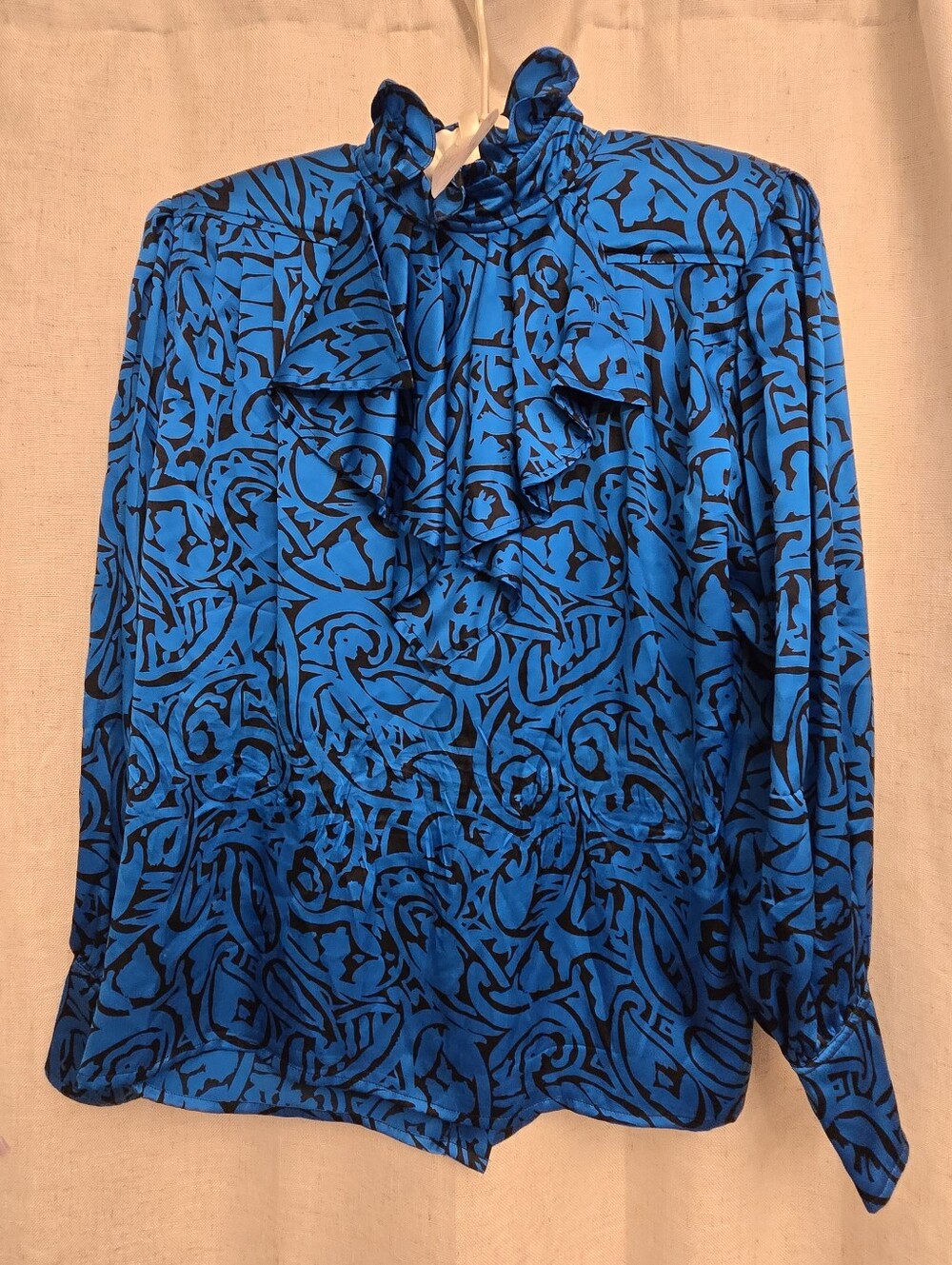 Vintage Carlisle Silk Blouse Size 12 Blue Black Ruffle Neck 80s 90s